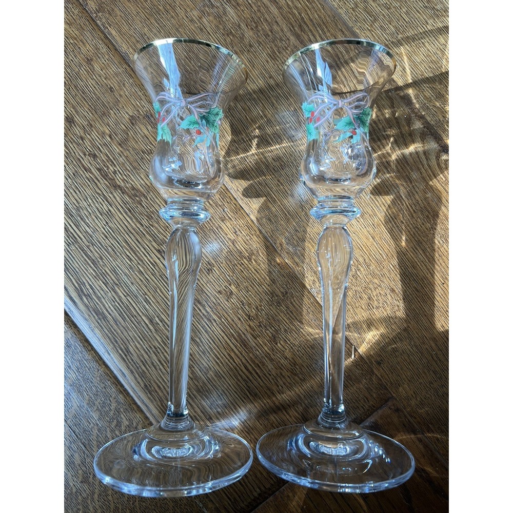 2 Mikasa Ribbon Holly 7 3/4" Candle Holders Candlesticks Gold Trim